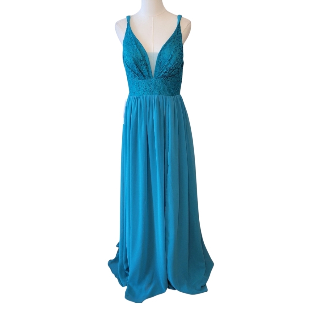NWT Azazie Elisa in Jade Lace Bodice Long Chiffon Gown Size A8